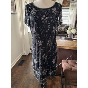 Prelude Black/Navy Beaded Mini Cocktail Dress with Short Sheer Sleeves Size 12